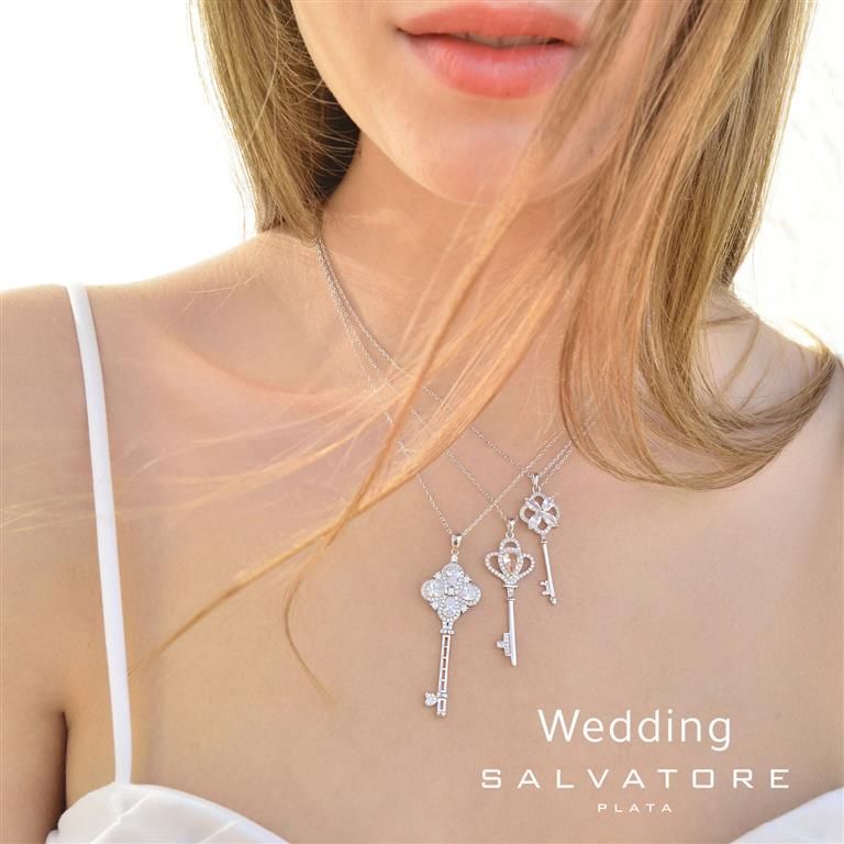 Plata Collana Argento Rodiato Chiave Zirconata
