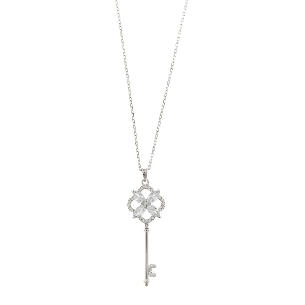 Plata Collana Argento Rodiato Chiave Zirconata