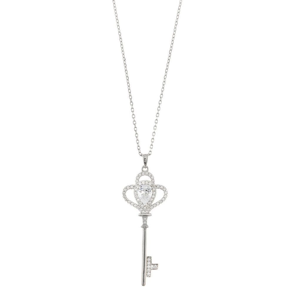 Plata Collana Argento Rodiato Chiave Zirconata