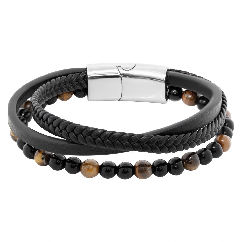 Chimiama Bracciale Pelle Acciaio Occhio di Tigre e Onice