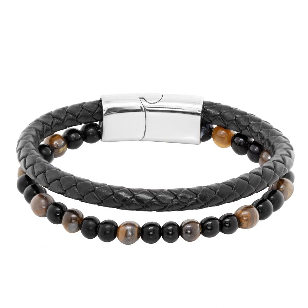 Chimiama Bracciale Pelle Acciaio Occhio di Tigre e Onice