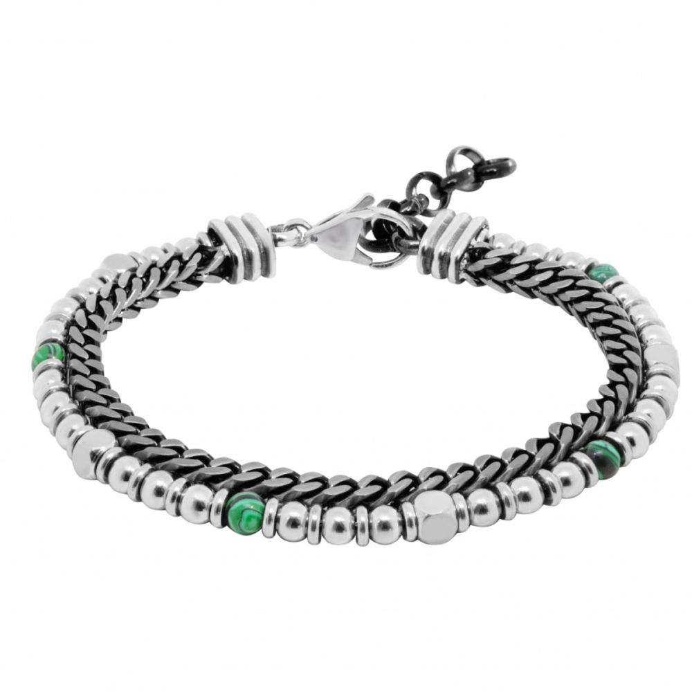 Chimiama Bracciale 2 Fili Acciaio Pvd Gunmetal e Malachite