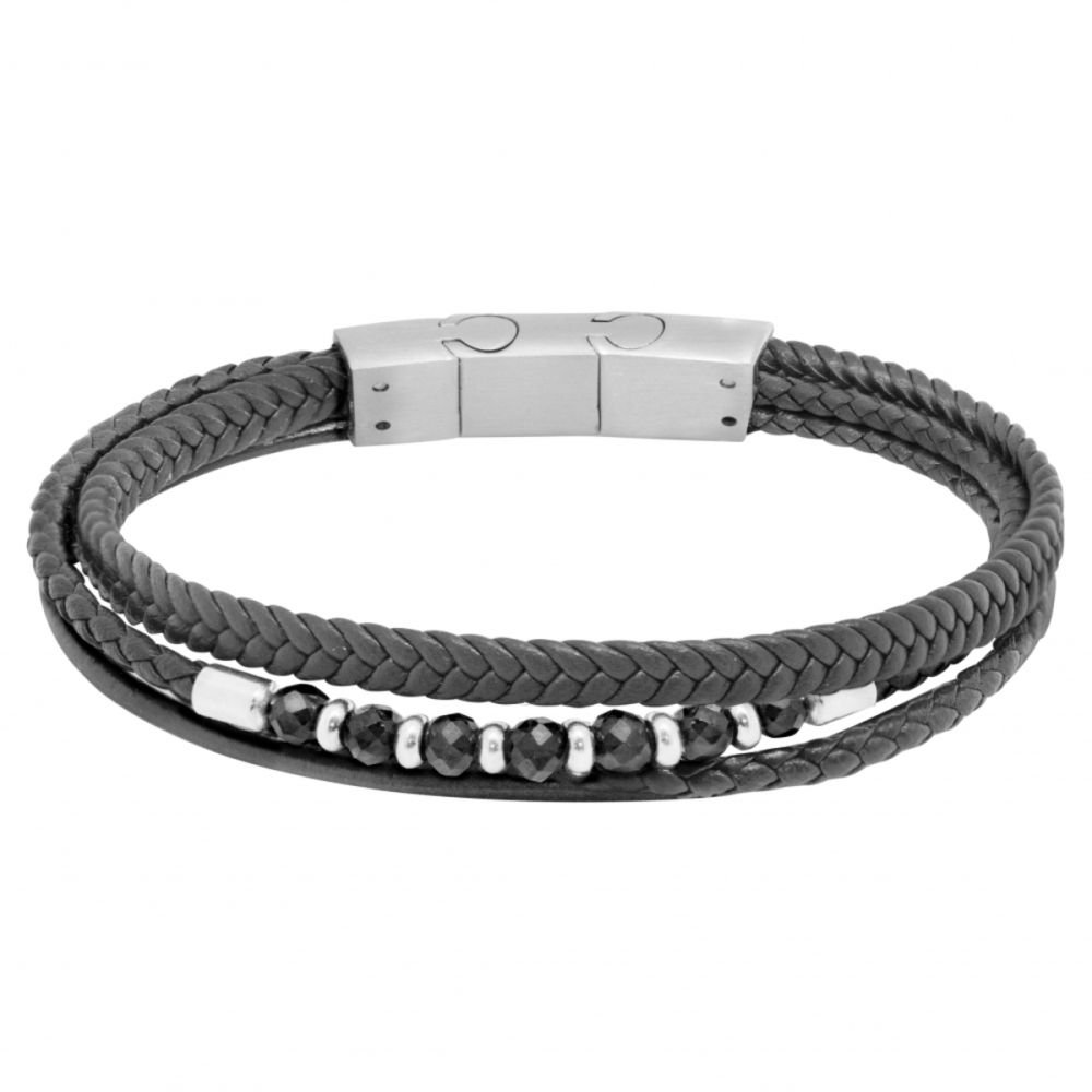 Chimiama Bracciale 3 Fili Pelle Nera e Acciaio