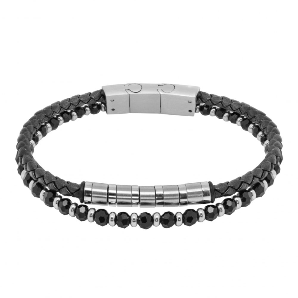 Chimiama Bracciale 2 Fili Acciaio e Pelle Nera