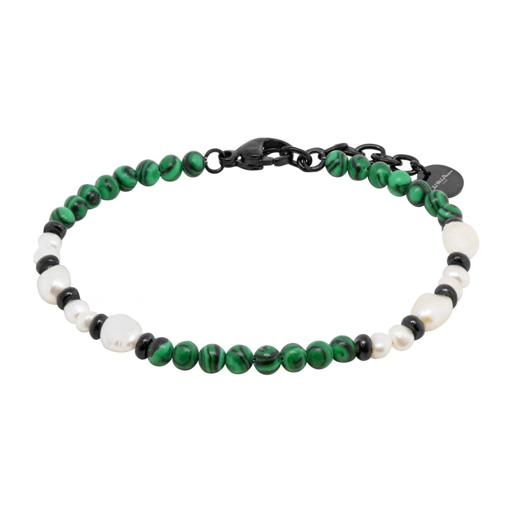 Chimiama Bracciale Acciaio Pvd Nero Perle e Malachite