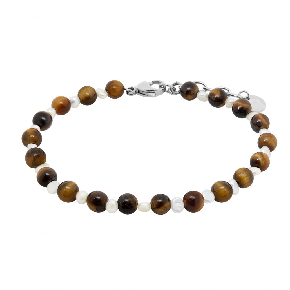 Chimiama Bracciale Acciaio Perle e Occhio di Tigre