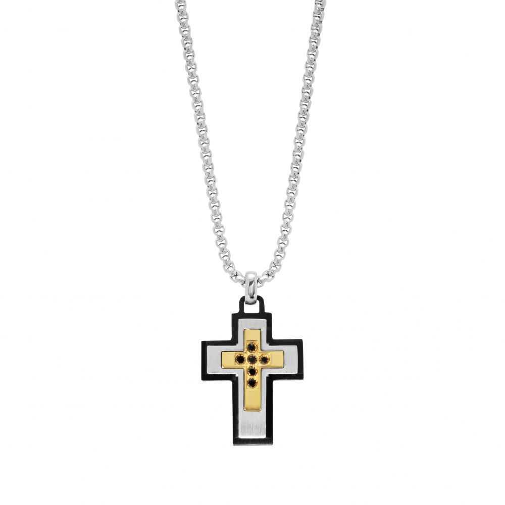 Chimiama Collana Acciaio Croce Pvd Giallo e Nero