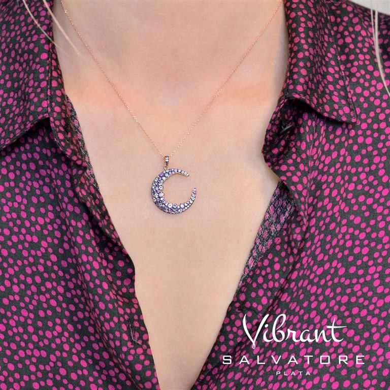 Plata Collana Argento Rosato Luna Zirconata