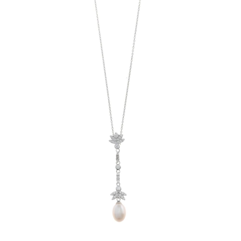 Plata Collana Argento Rodiato Perla e Cristalli