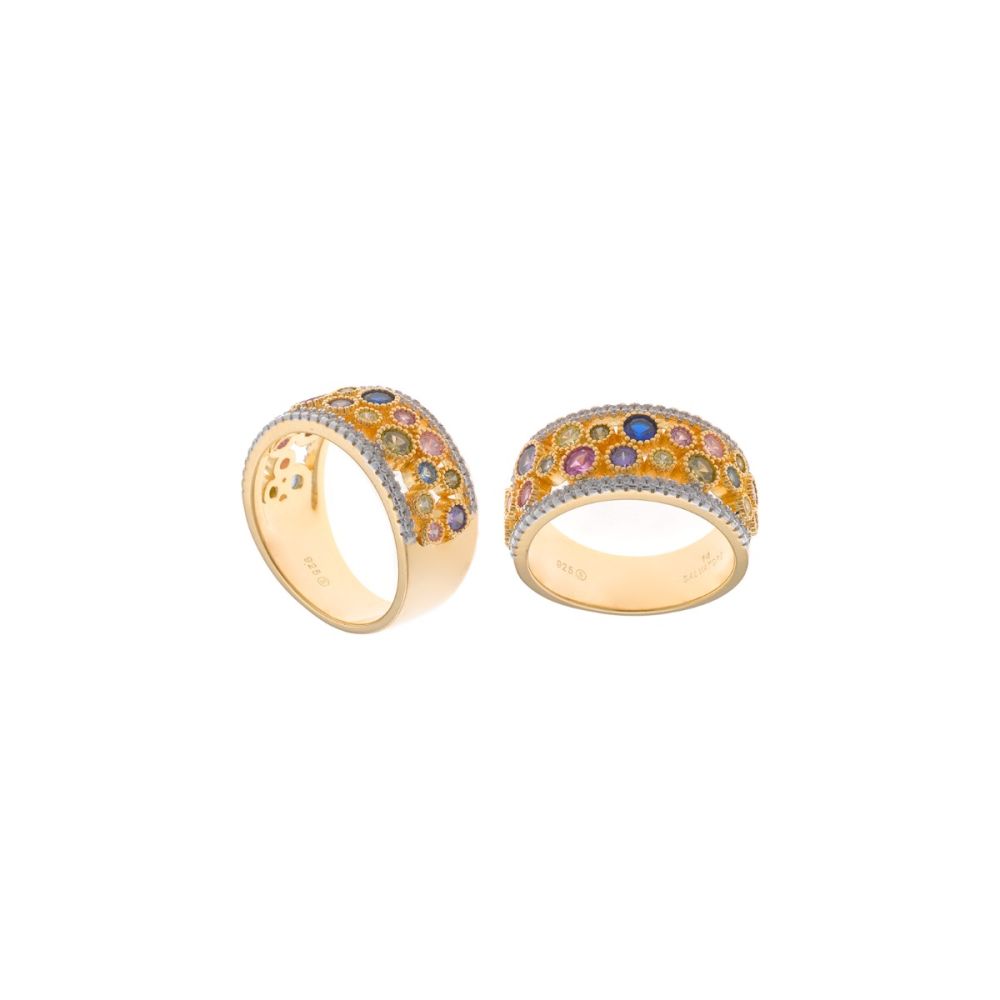 Plata Anello Argento Dorato Zirconi Multicolor