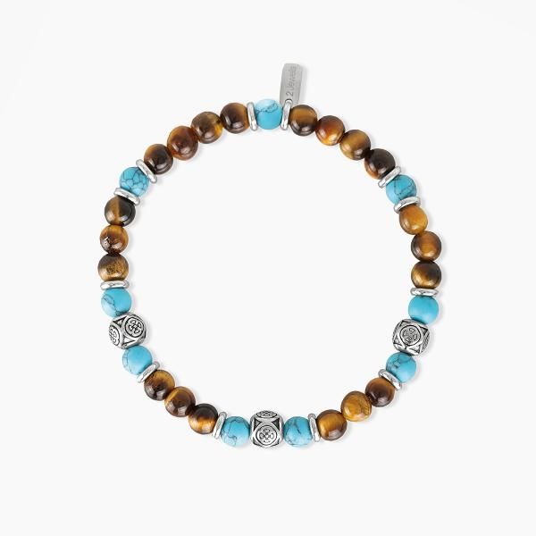 2 Jewels Bracciale Elastico Occhio di Tigre Turchese e Acciaio