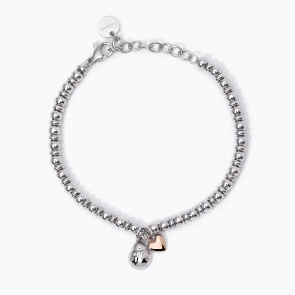 2 Jewels Bracciale Acciaio Sfere 4 mm Coccinella e Cuore Rosè