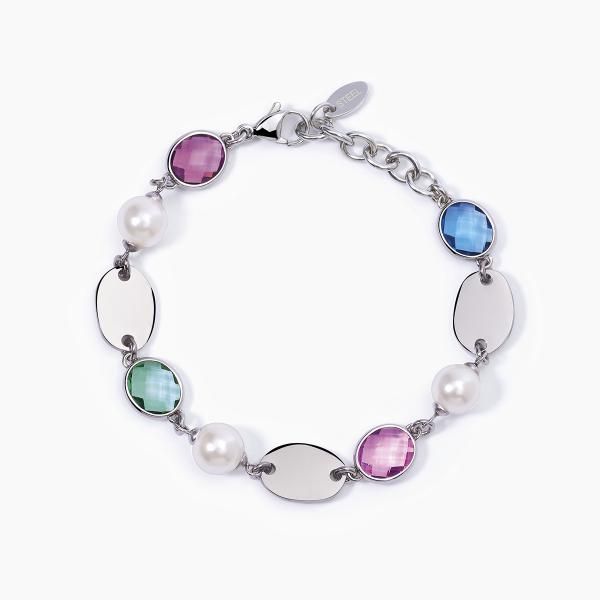 2 Jewels Bracciale Acciaio Vetri Multicolor e Perle