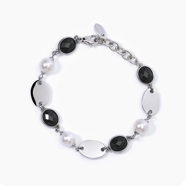 2 Jewels Bracciale Acciaio Vetri Neri e Perle