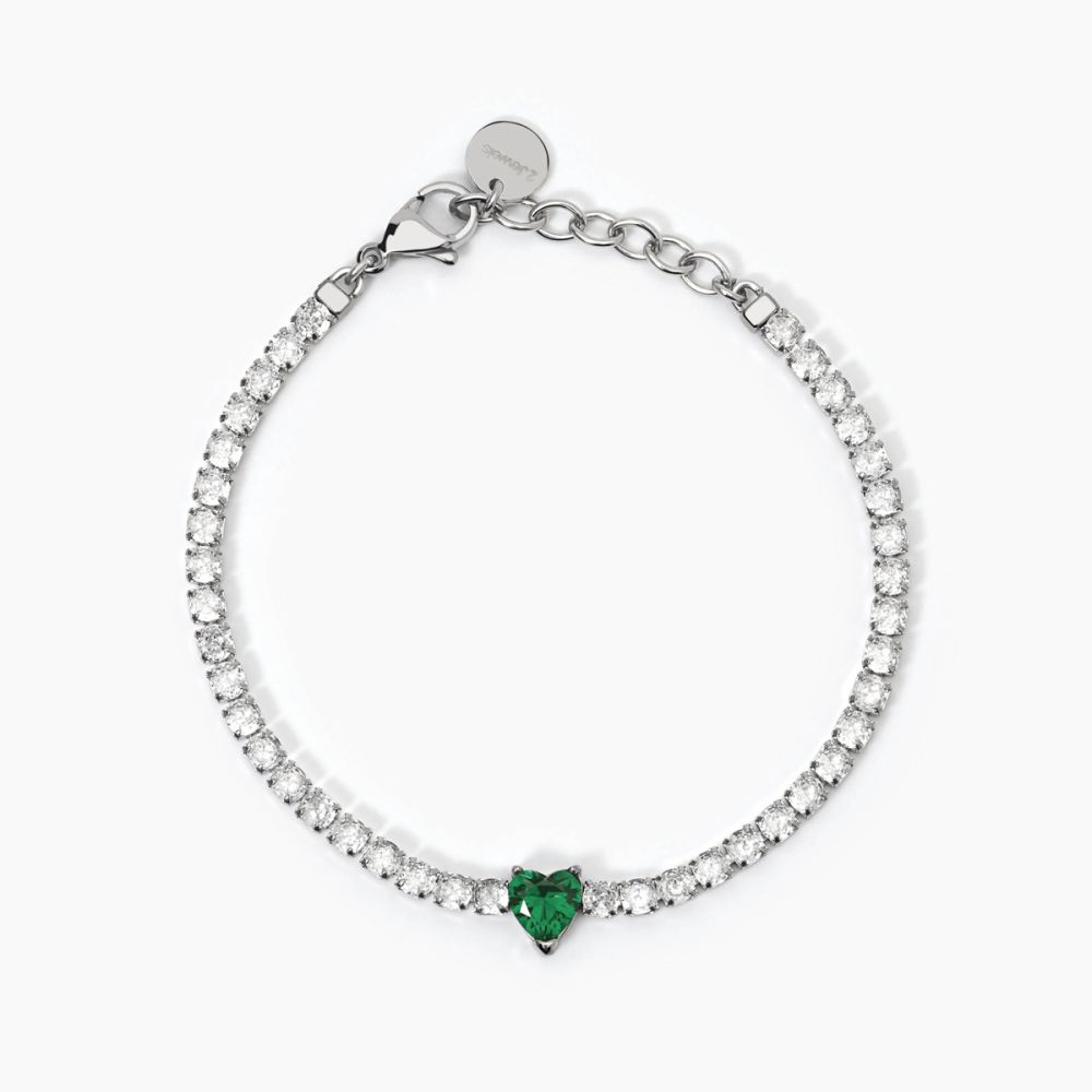 2 Jewels Tennis Acciaio Cristalli Bianchi Cuore Verde