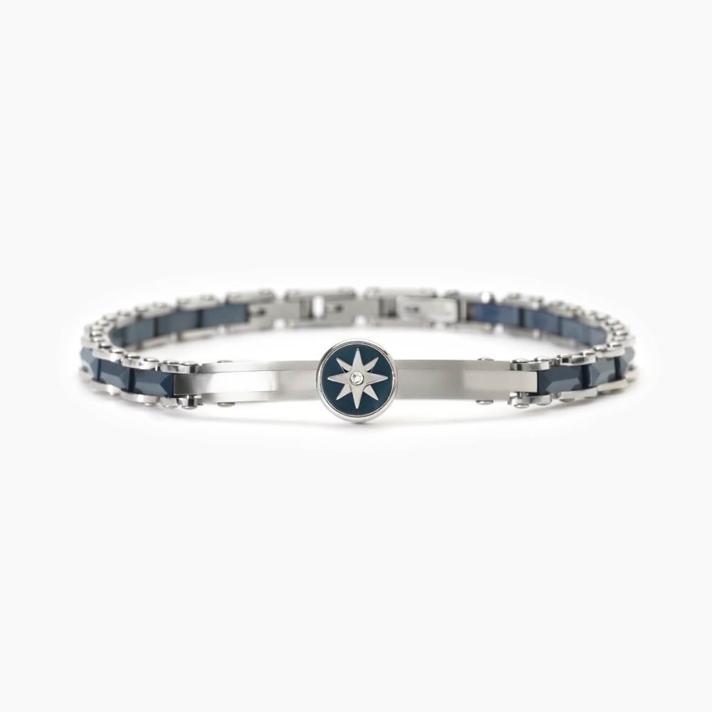 2 Jewels Bracciale Acciaio Ceramica Blu Piastra e Rosa Dei Venti