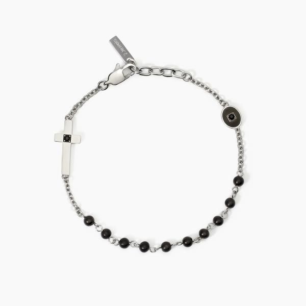 2 Jewels Bracciale Acciaio Sfere Nere e Croce