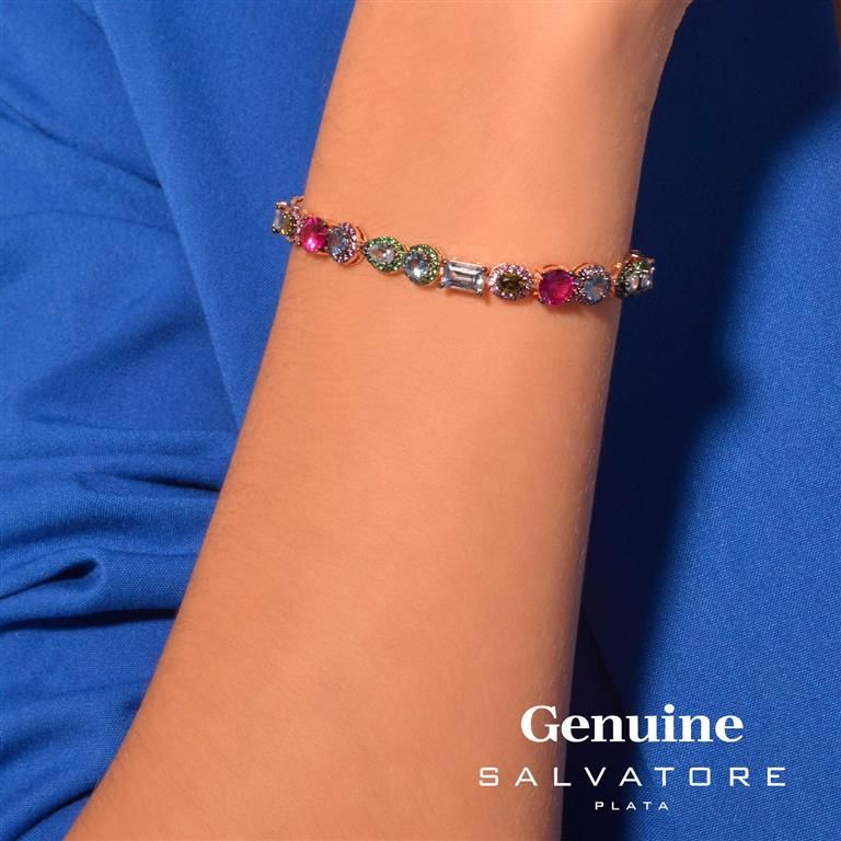 Plata Bracciale Argento Rosato Cristalli Multicolor