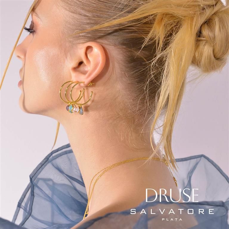 Plata Orecchini Metallo Dorato Cristalli Rosa e Celeste