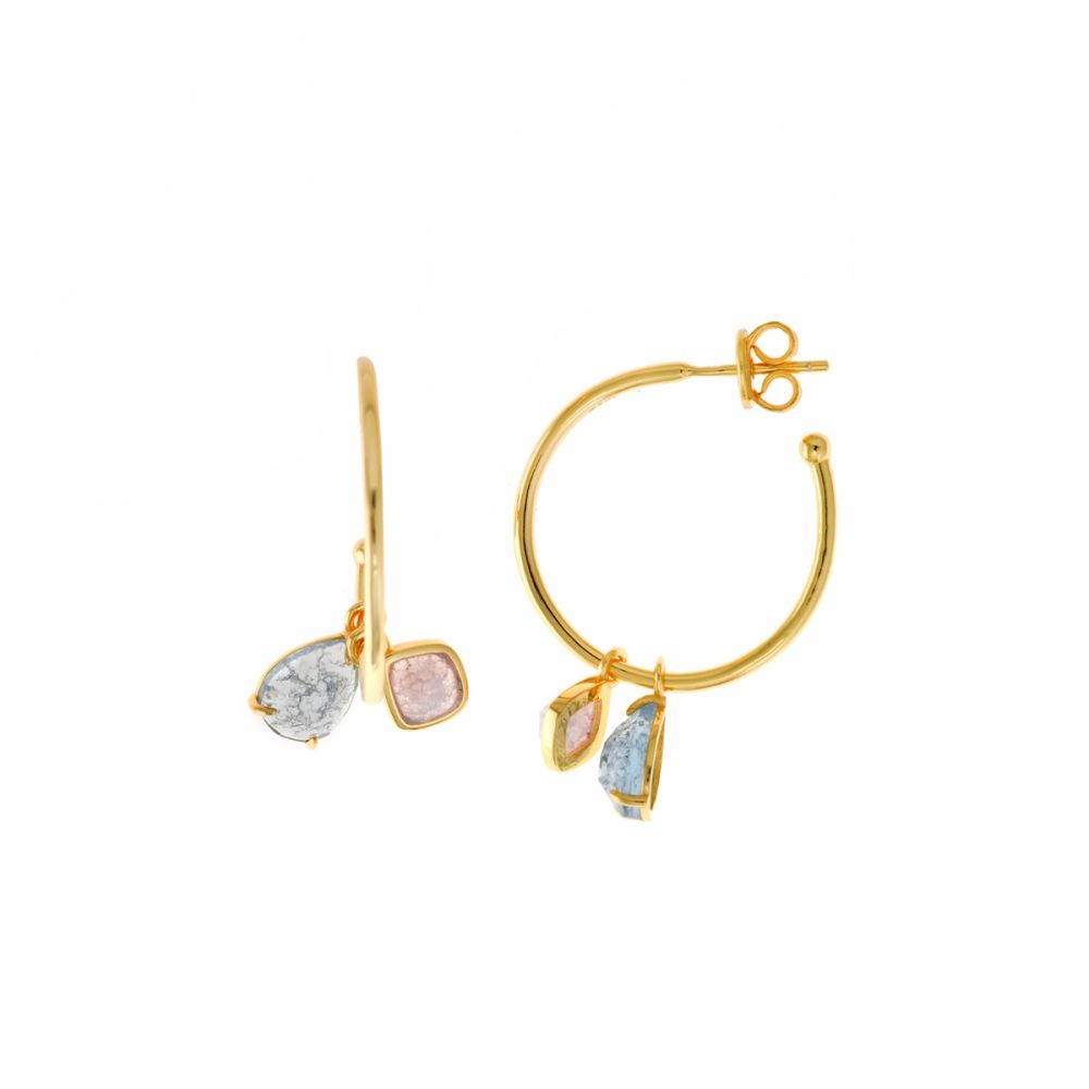 Plata Orecchini Metallo Dorato Cristalli Rosa e Celeste