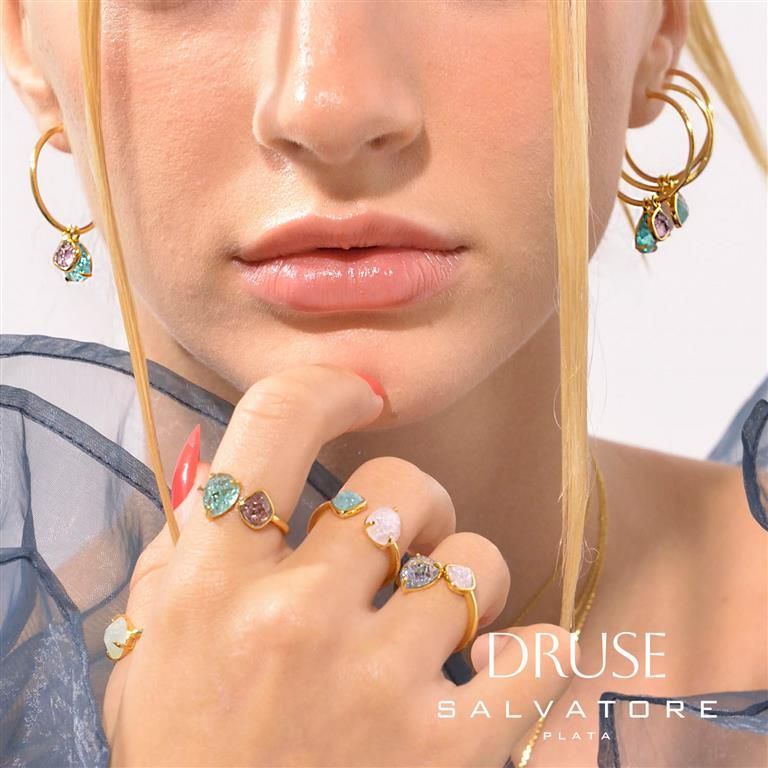 Plata Anello Argento Gold Cristalli Verde e Acquamarina