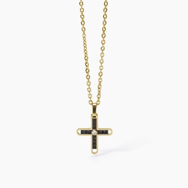 2 Jewels Collana Acciaio Gold Croce Cristalli Neri e Bianco
