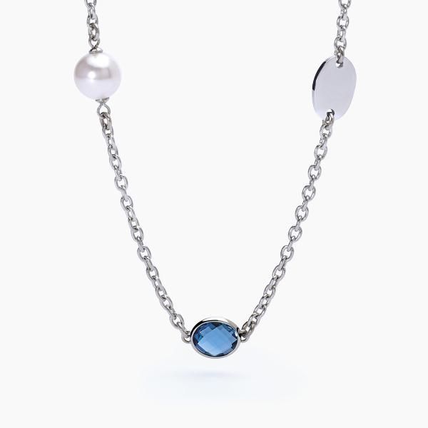 2 Jewels Collana Lunga Acciaio Vetro Blu e Perla