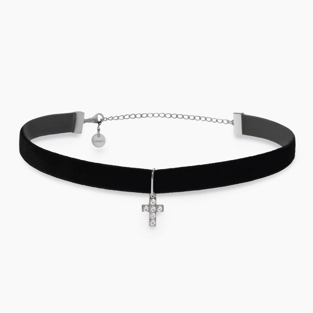 2 Jewels Choker Velluto e Acciaio con Croce