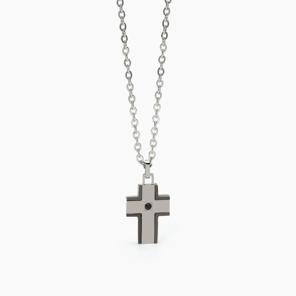 2 Jewels Collana Acciaio Croce Gunmetal e Cristallo Nero