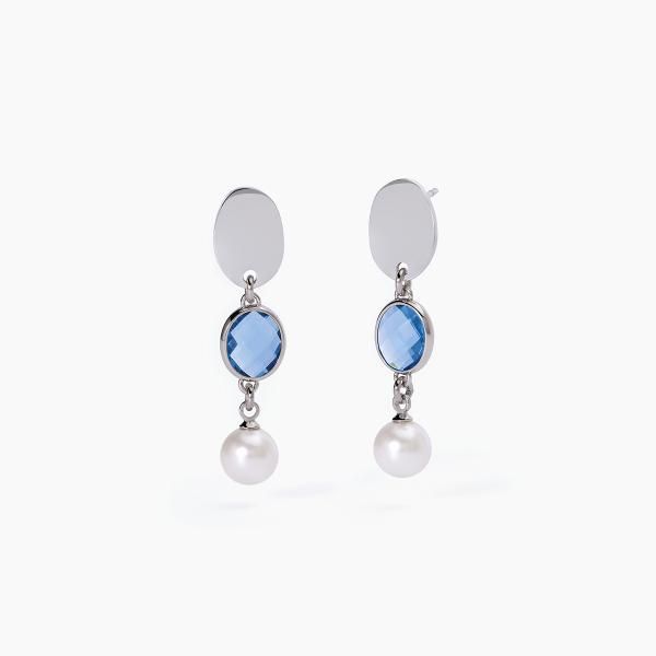 2 Jewels Orecchini Acciaio Vetro Blu e Perla