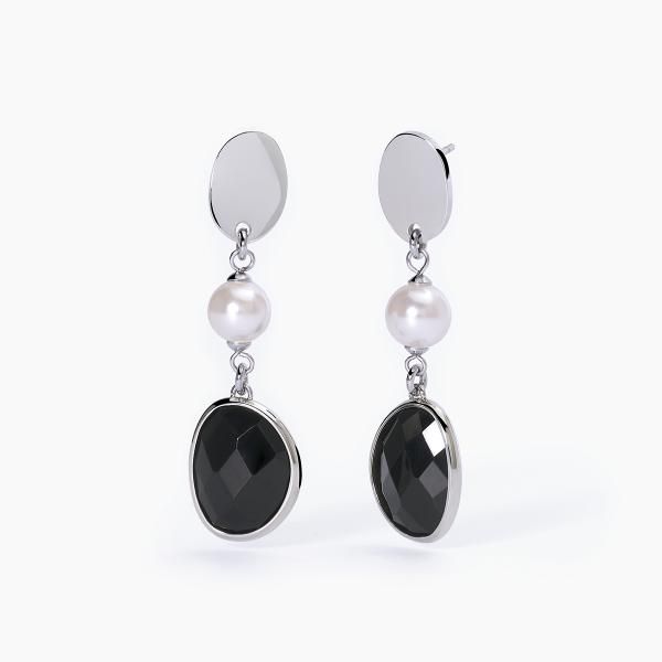 2 Jewels Orecchini Acciaio Vetro Nero e Perla