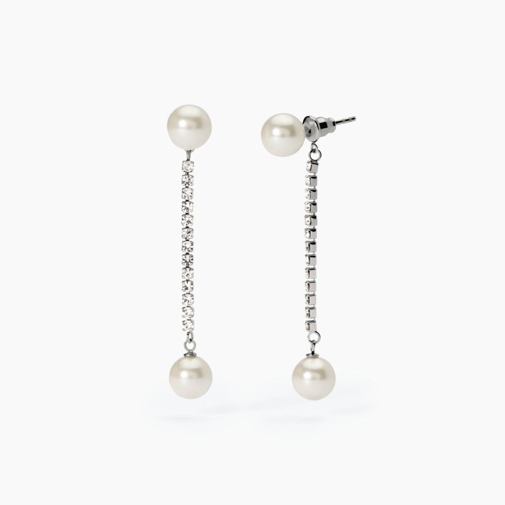 2 Jewels Orecchini Acciaio Perla e Cristalli Bianchi