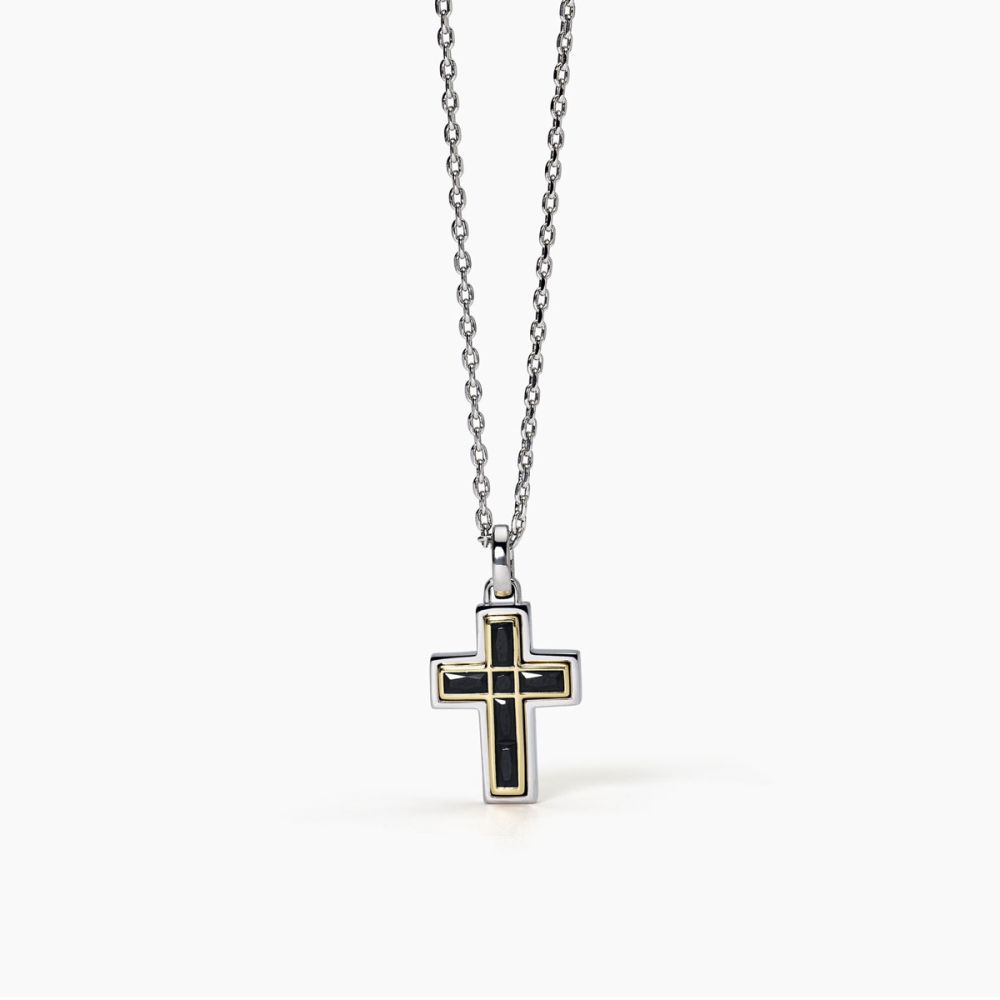 Mabina Collana Argento Croce Zirconi Neri e Pvd Gold