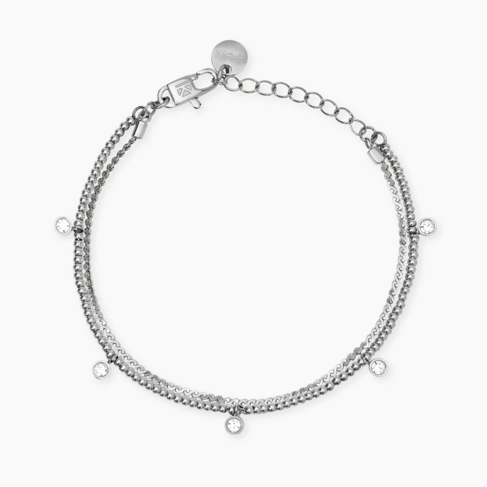 Kidult Bracciale 2 FIli Acciaio Cristalli Bianchi Style