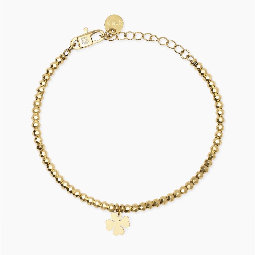 Kidult Bracciale Acciaio Gold Sfere e Quadrifoglio Style