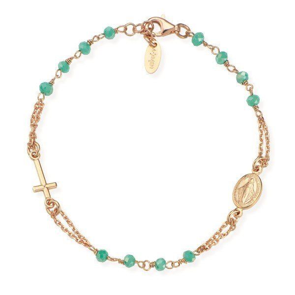 Amen Bracciale Donna Rosario Argento Rosè Cristalli Acquamarina