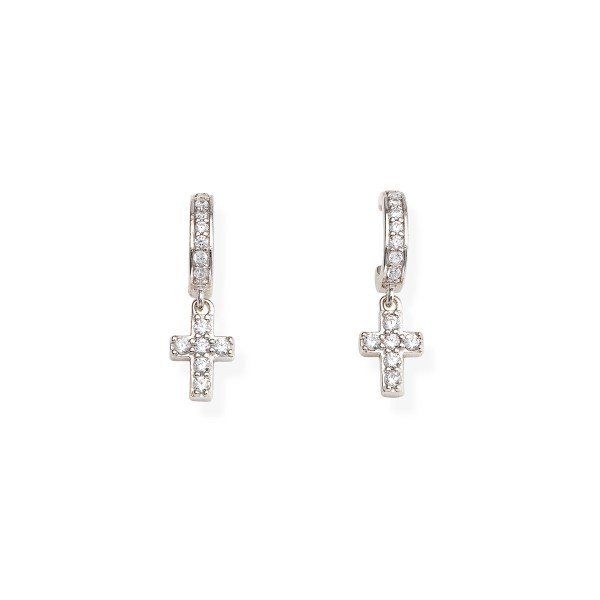 Amen Orecchini Donna Argento Zirconi Bianchi Rodio Lungh. 2cm Croce h. 8mm