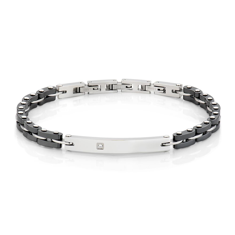 Amen Bracciale Uomo Acciaio Pvd Nero Piastra e Zircone