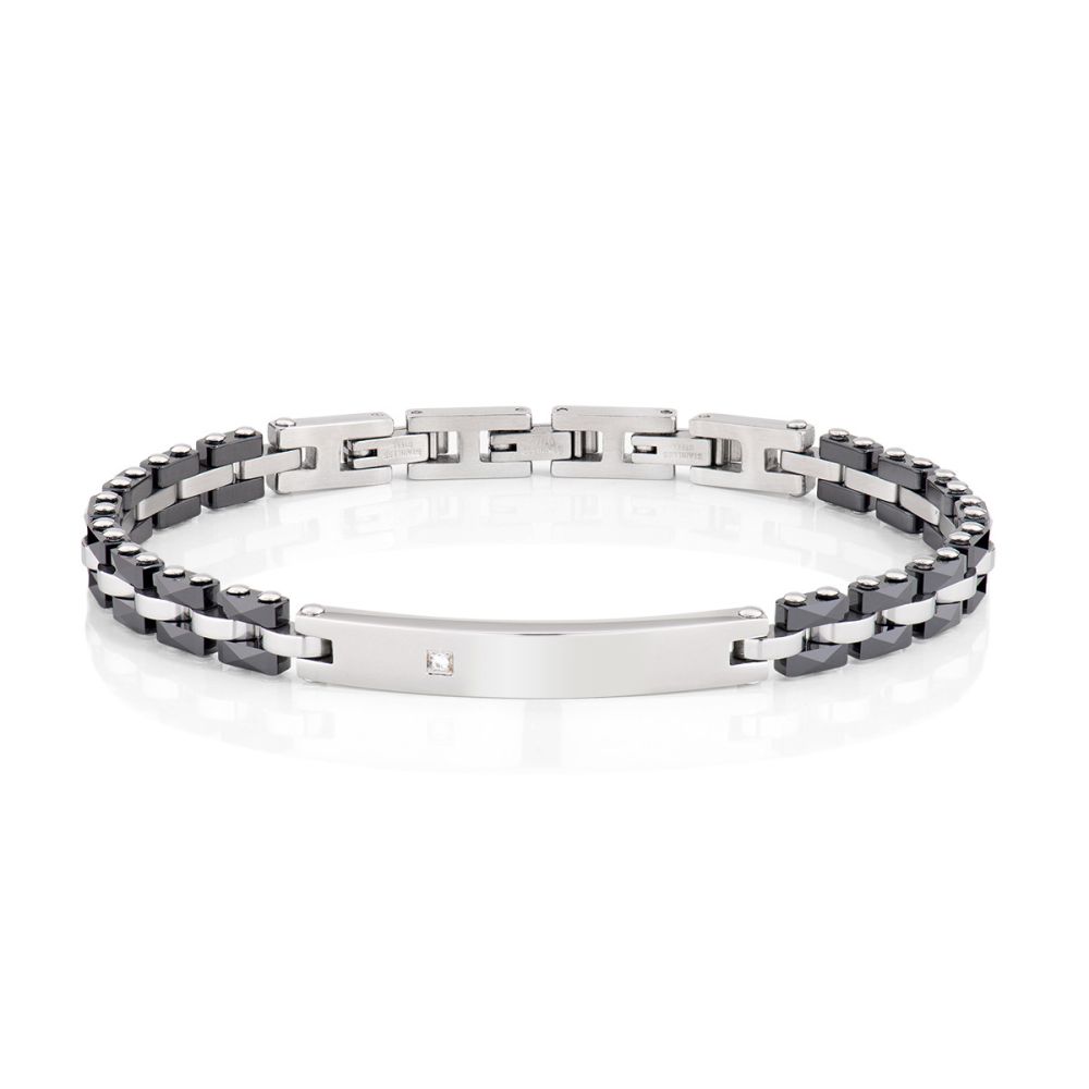 Amen Bracciale Acciaio Ceramica Nera e Diamante