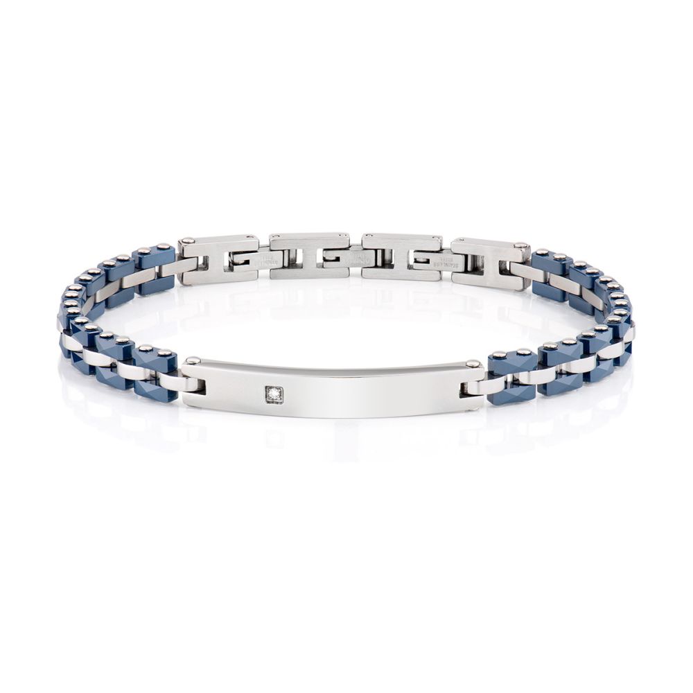 Amen Bracciale Acciaio Ceramica Blu e Diamante