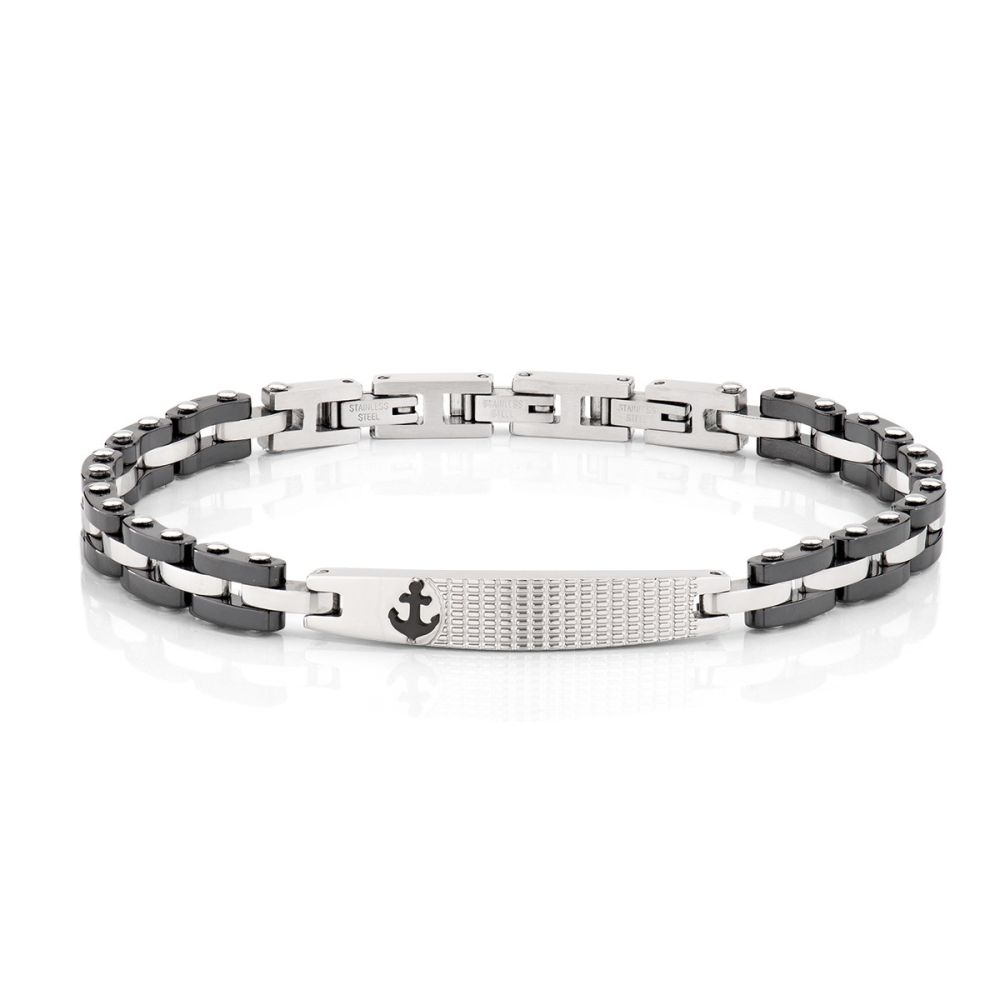 Amen Bracciale Acciaio Ceramica Nera e Ancora