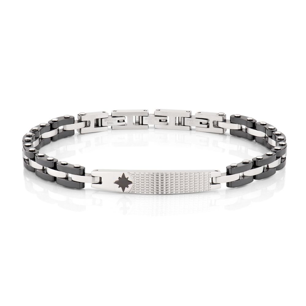 Amen Bracciale Acciaio Ceramica Nera e Rosa Dei Venti