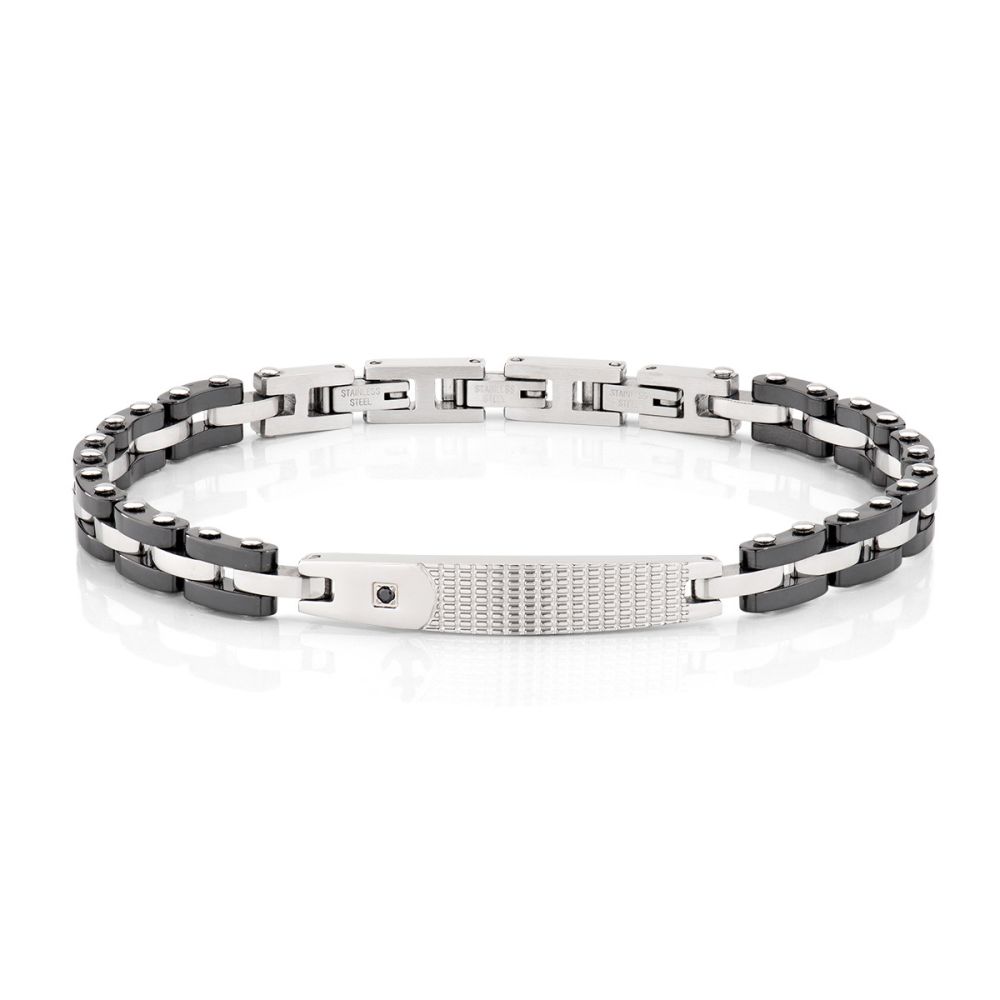 Amen Bracciale Acciaio Ceramica Nera e Diamante