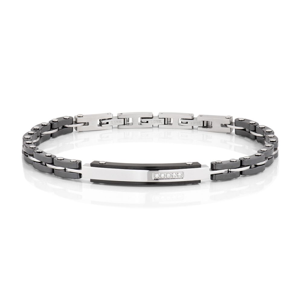Amen Bracciale Acciaio Ceramica Nera e Diamanti