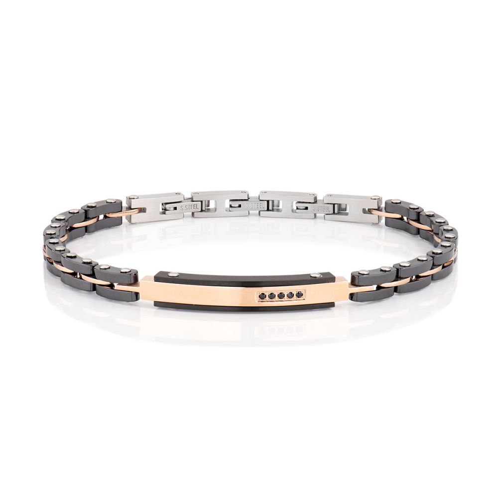 Amen Bracciale Acciaio  Pvd Rosè Ceramica Nera e Diamanti