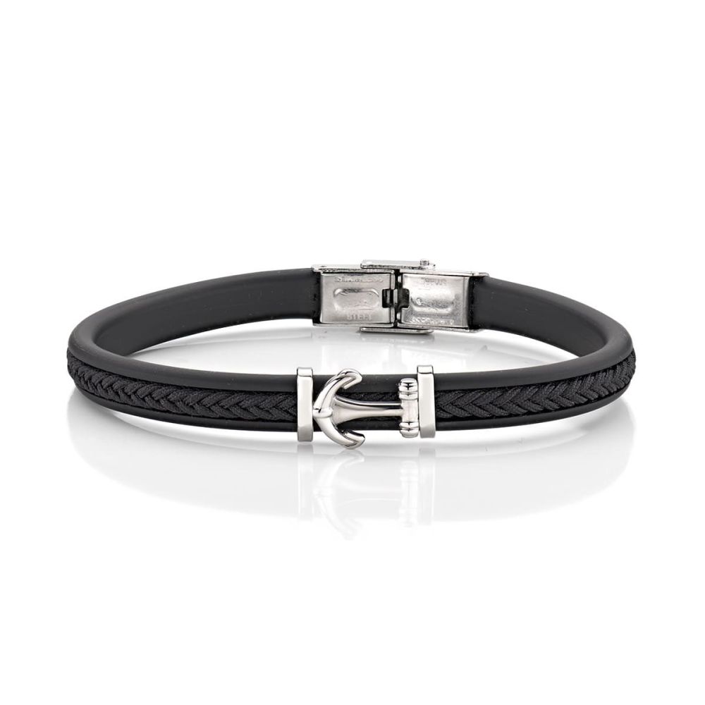 Amen Bracciale Acciaio Caucciù e Cotone Nero