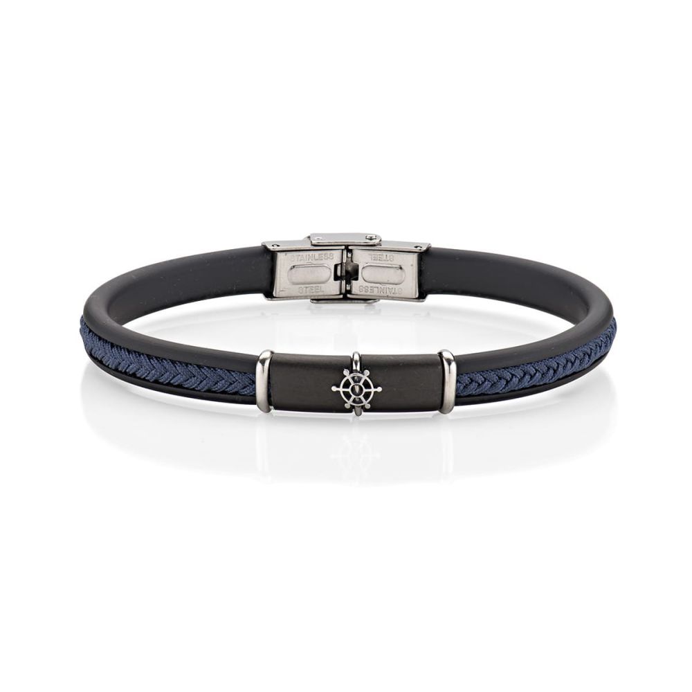 Amen Bracciale Acciaio Caucciù e Cotone Blu