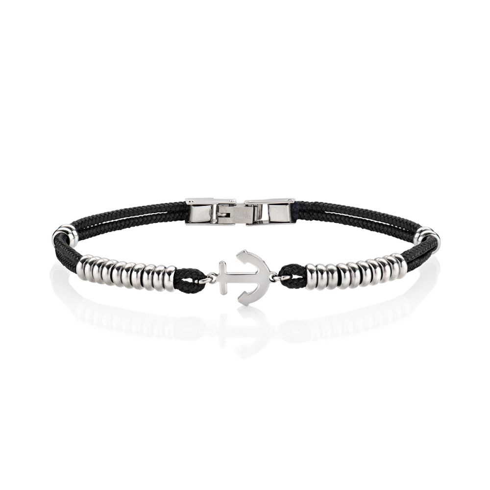 Amen Bracciale Acciaio Cordino Nero e Ancora