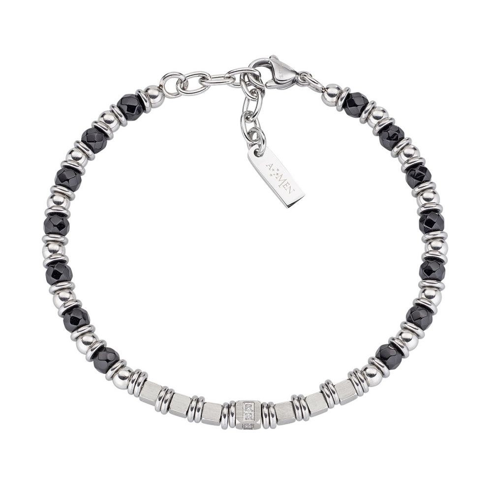 Amen Bracciale Acciaio Onice e Zirconi Bianchi
