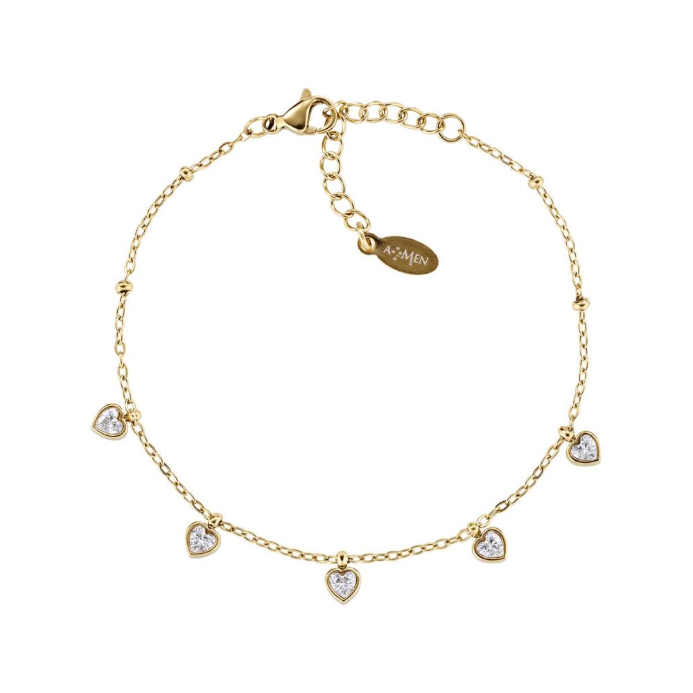 Amen Bracciale Acciaio Gold Cristalli Cuori Bianchi